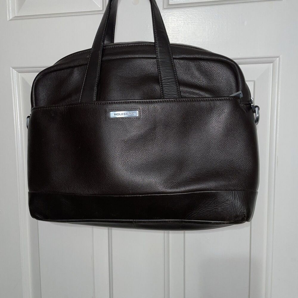 Moleskine Laptop Tote Bag Brown Milled Cowhide Leather No Crossbody Strap